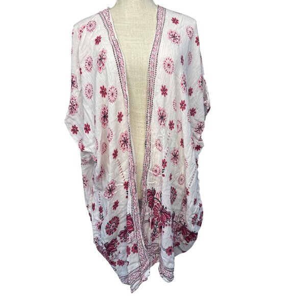 Angie M White & Pink Floral Kimono Cardigan Lightweight Open Front Medium - Picture 1 of 6